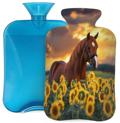 Entemne Wärmflasche, 2 l, Tier, Pferd, Sonnenblumen, Wärmbeutel mit Bezug, wiederverwendbare Therapie-Tasche zur Schmerzlinderung, Menstruationskrämpfe, Muskelkater, Winterwärme Geschenk