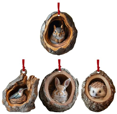 4pcs Weihnachten Acryl Tier Decor, Acryl 2D Anhänger Tier Baumschmuck, Weihnachtsornamente Tiere Aus Acryl2D, Weihnachtsbaumschmuck Eichhörnchen Igel Weihnachtsbaum Anhänger Für Baum Haus Auto