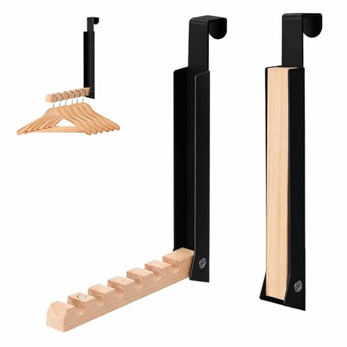 JYYWTSI Perchero plegable para puerta (juego de 2), para colgar, percha de puerta con 6 ganchos, percha plegable de metal y madera, sin necesidad de perforar, perchero para puerta con ranura de 2 cm