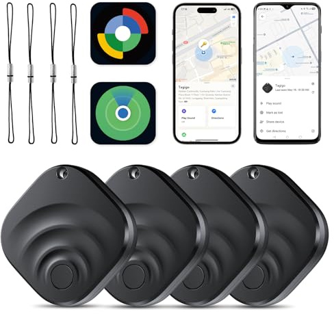4 Pack Dual System Tracker para iOS y Android Bluetooth Tracker Etiquetas Inteligentes compatibles con Apple Find My (iOS) y Google Find Hub (Android) para Llaves, Equipaje, Billetera, vehículos