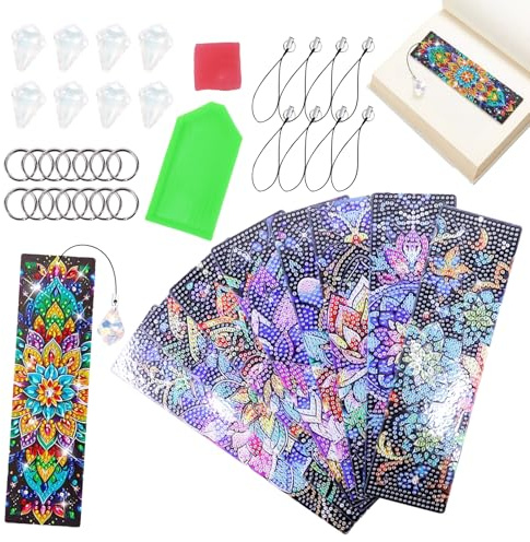 Veloray 8 Pezzi Set di Segnalibri Diamond Painting，Bellissimi Segnalibri a Mandala Fai Da Te, con Ciondolo di Cristallo, Diamond Painting per Bambini per Bambini Dai 6 Anni in su, Ragazze e Adulti