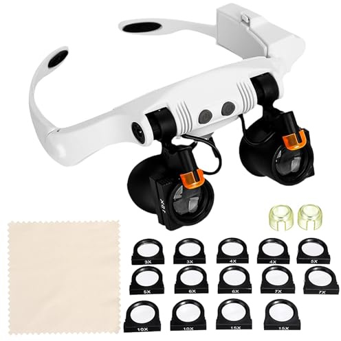 Lupenbrille mit LED Licht, Kopfbandlupe mit 14 Linsen bis 25X Vergrößerung (3X–15X), Vergrößerungsbrille für Uhrmacher, Schmuck, Lesen, Basteln & Elektronik Reparatur