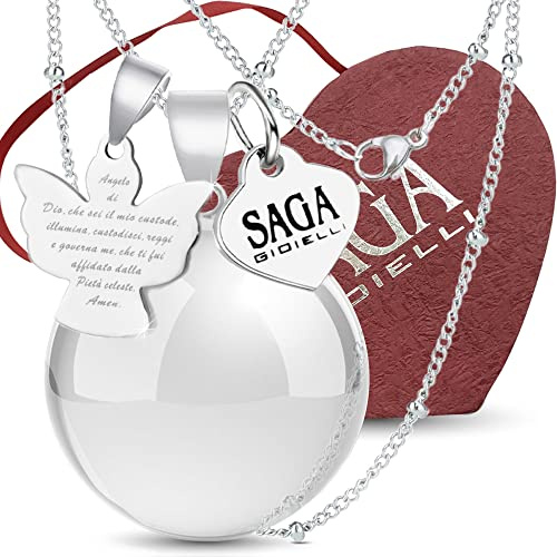 SAGA GIOIELLI® Engelsrufer Halskette, Schwangerschaftskette, mexikanische Bola, Klangkugel, Schutzengel-Anhänger, Stahlkette