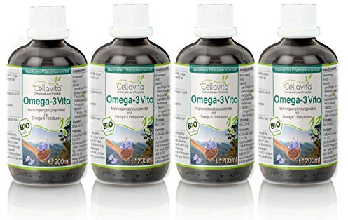 Cellavita Omega-3 Vita in concentrato per piante, olio di lino/vegetale/qualità biologica, solo 10 ml, senza glutine, senza lattosio e vegano, 4 x 200 ml