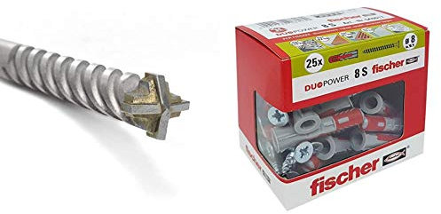 Fischer D-SDX Punta trapano 10 mm Cilindrica a Quattro Taglienti, per Muro Calcestruzzo e Pietra, Placca al carburo di tungsteno & 25 Tasselli Duopower con Vite, 8 x 40 mm, per Muro pieno