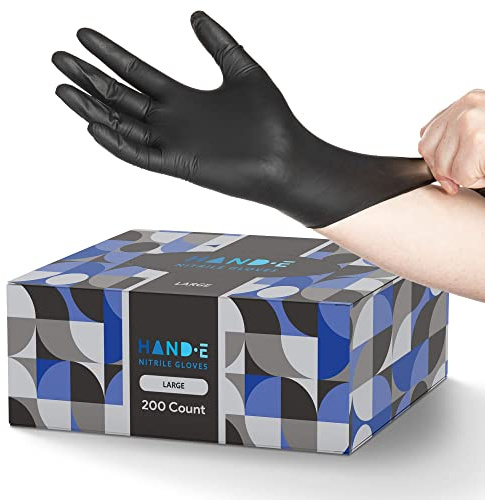 Hand-E Touch Black Nitrile Black Disposable Gloves Large, 200 Count - BBQ, Tattoo, Hair Dye, Cooking, Mechanic Gloves - Powder and Latex Free