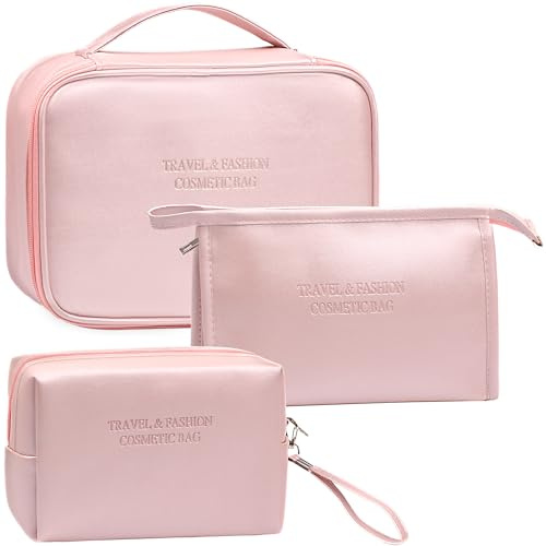 LEcylankEr 3 Pezzi Beauty Case Donna da Viaggio Pochette Donna Trucchi Portatile Borsa Trucchi Borsa da Toilette in PU Set Borsa Trucco per Il Trucco Impermeabile e Resistente (Rosa)