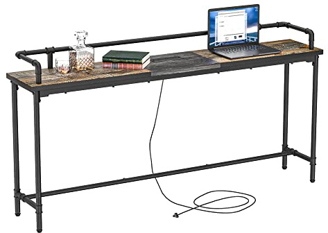 VECELO 55 Inch Console/Sofa Table with Charging Station&Power Outlet, Narrow Industrial Behind Couch, for Entryway, Hallway, Living Room, Foyer, 55inches, Grey Oak