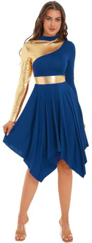 inlzdz Tanzkleid Damen Eiskunstlauf-Kleid Langarm Asymmetrischer Saum Kleider Lyrisches Tanzkleid Ballettkleid Turnanzug Tanzkostüm für Ballsaal Wettkampf Blau S
