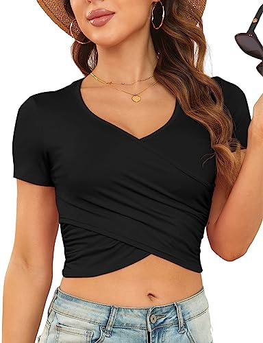 DSPSAM Front Cross Wrap Crop Top for Women Black T Shirt Party Club Night Deep V Neck Short Sleeve Summer 2026 (Black, Small)