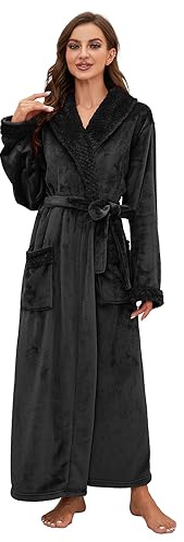 HEARTNICE Langer Bademantel Damen Fleece, Weiche Plüsch Morgenmantel für Frauen Warme Bademäntel Kuscheliger Hausmantel in voller Länge (Schwarz, L/XL)