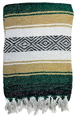 ARTESANIAS MICKEY Genuine Oversized Artisan Mexican Falsa Green Beige Blanket (72inx48in) -Authentic Handcrafted Yoga Blanket, Beach Throw, Camping Essential, Picnic Mat, or Outdoor Wrap