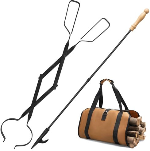 Ropoy Fireplace Tongs, 26 inch & Fire Pit Poker, 32 inch, Stainless Steel, Complete Fireside Toolkit