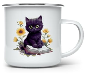 MAXIKIWI - Durable Enamel Coffee or Tea Camping Mug for Indoor Outdoor Use - Kawai Black Cat - 350ml