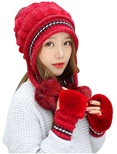 Trappermütze Mongolisch Winter Strickmütze Ohrenklappe Fellmütze Schneedicht Winddicht Wintermütze Flauschig Kuschelig Strickmütze Niedlich Verdickt Damenmütze mit Bommel Damen Mädchen Mütze Outdoor