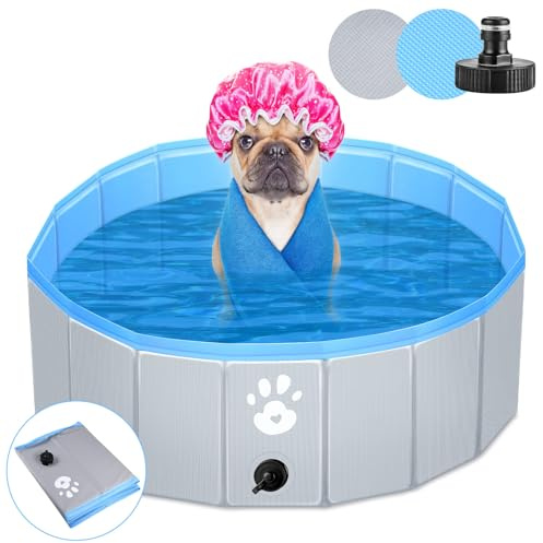 Pmgud Piscine pour Chien Piscine Pliable et Transportable pour Grands et Petits Chiens, Stable et Antidérapante, Diamètre 80cm, Épaisseur 5 mm - Grise