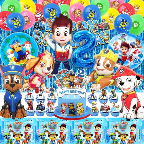 56PCS Paw Dog Geburtstag Deko 2 Jahre, Patrol Dog Deko Kindergeburtstag,Paw Dog Geburtstag,Patrol Dog Party Set,Paw Dog Luftballon,Kuchen Topper,Tischdecke,Patrol Dog Kindergeburtstag Deko für Kinder