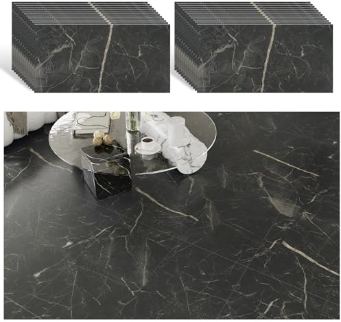 VEELIKE Schwarz Marmor Vinyl Fliesen PVC Bodenbelag Marmoroptik Fliesenaufkleber Bodenfliesen Wohnzimmer PVC Fliesen Selbstklebend Fliesen Boden Badezimmer Küchenfliesen 1.5mm 60cm×30cm 24 Stück