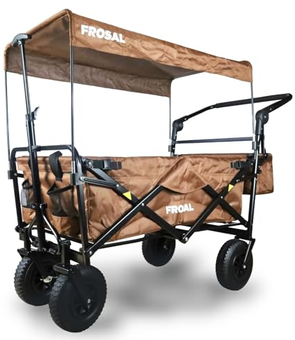 FROSAL Bollerwagen faltbar Nick PRO braun Luftreifen Sonnendach Kinder Bremse Handwagen Strand & Wald zum ziehen und schieben