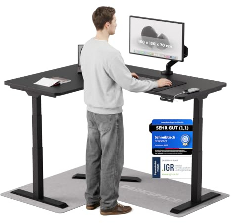 DESKSPACE Corner Eckschreibtisch höhenverstellbar (elektrisch) | Kollisionsschutz und Memory-Funktion, 10 Jahre Gewährleistung (Weißes Gestell, Weiße Tischplatte, 160 x 130 x 70 cm)