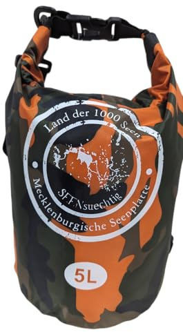 Dry Bag Trockensack Seesack 100% wasserdicht Packsack Tasche Beutel Wasssersport Kanu Kajak SUP Tauchen Schwimmen Baden Strand Angeln Campen wasserfest Schultergurt Drybag Orange Camouflage (5 Liter)