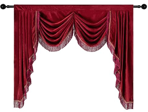 apott Red Valance for Windows Waterfall Valance Curtains with Tassels Velvet Luxurious Pelmet Swag Window Treatment Drapes for Living Room Bedroom H49xW61 Inch