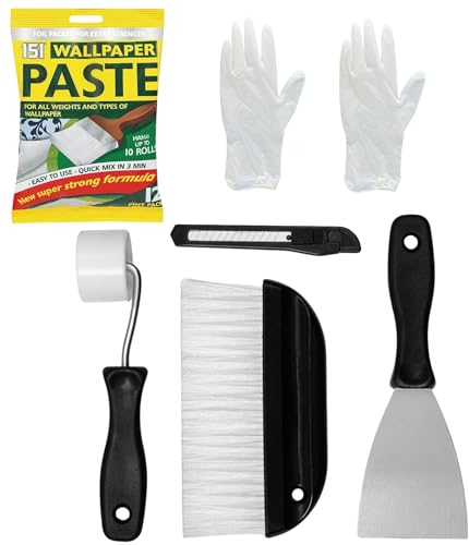 Wallpaper Paste Kit - Set Includes 1x10 Roll Adhesive Paste and Kit Containing, Roller, Hanging Brush, Scraper, Wallpaper Trimmer and Gloves
