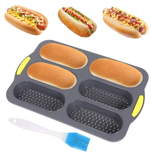 mumisuto Molde de silicona antiadherente para baguette, molde perforado para panecillos de perro caliente, 6 pan, pan francés, molde para sándwich, bandeja para hornear horno (gris)