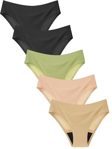 TIICHOO Period Panties for Teens Seamless Menstrual Leakproof Underwear for Girls 5-Pack(10-12 Years, 2 Black/Beige/Pink/Green)