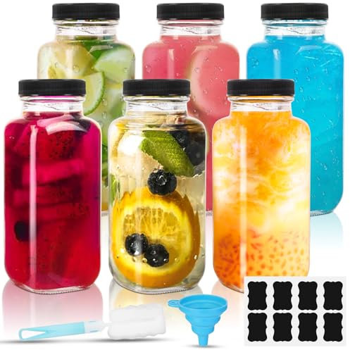 Fzyisw 6 botellas Shot para rellenar, 250 ml, botellas de cristal con cierre hermético, reutilizables y fáciles de limpiar, ideales para licores, jengibre, zumos, batidos y otras bebidas