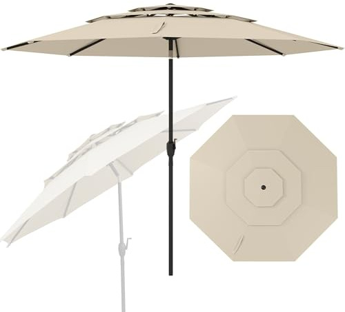 RELAX4LIFE Parasol Droit Inclinable 3M, Parasol de Jardin Extérieur 3M Rond, Toit Ventilé à 3 Couches, Inclinaison 30°, Manivelle, 8 Baleines, Protection Solaire pour Balcon Terrasse (Beige)