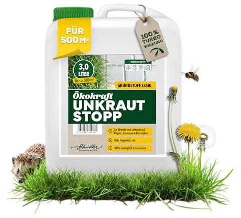 Scheidler Ökokraft Unkraut-Stopp Grundstoff Essig/Acetum 3 Liter – Natürlicher Unkrautvernichter für 500 m2 extra stark – Unkraut Entferner Wege/Pflaster/Terrassen – Langzeit Unkrautfrei