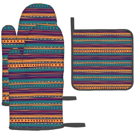 LGphen Mexican Striped,Oven Mitts,BBQ Gloves Heat Resistant,Striped Retro Pattern Mexican,1 Pair Oven Mitts,Cooking Gloves for Cooking Baking Kitchen,Multicolor,3-Piece Set