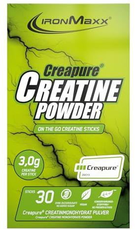 IronMaxx Creatine Powder - Creapure - 30x3.4g Sticks Neutral | Reines Creatin Pulver mit 3 g Creatin pro Portion | Zuckerfrei & ohne Zusatzstoffe | Ideal für intensives Training