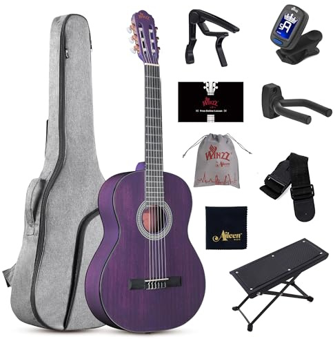 WINZZ 4/4 Classical Guitar, 39 Inch Full Size Nylon String Guitar for Beginner Adults, Full Classic Guitar Kit with Free Lessons, Gig Bag, Footstool, Capo, Tuner, Hanger and Strap (Glossy Purple)
