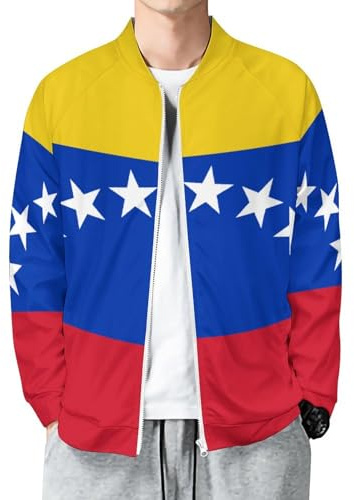 MIATCENRT Chaquetas bomber para hombre, ligeras, de manga larga y con cremallera completa, con estampado de Venezuela, cortavientos informal, ropa deportiva de béisbol para primavera y otoño.