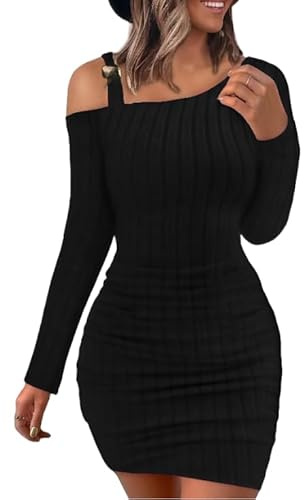 Vangreynve Robe Pull Femme Manches Longues Robe Pull Tricot à épaules Obliques Pullover Chaud Casual Robes Automne Hiver Noir L
