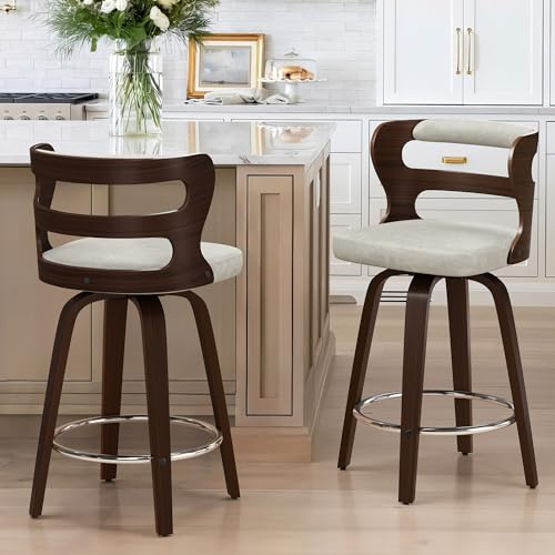 LUE BONA 360°Drehbarer Barhocker 2er Set mit Lehne und Armlehnen,66 cm Hoch–Barstuhl Holz mit Kunstleder Sitzfläche,Moderner Barstuhl für Theke,Beige+Dark Walnut