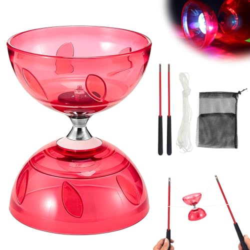 XEERUN Diábolo LED con rodamiento de bolas, diábolo al aire libre con rodamientos de bolas, juego de almacenamiento triple, 4 colores, intermitente para niños y adultos (rojo)