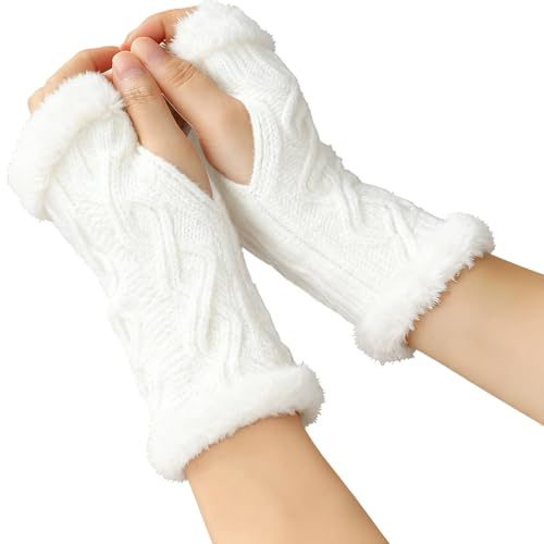 CERCTLA Guanti da donna a maglia senza dita, guanti senza dita da donna con foro per il pollice, guanti- invernali in peluche per ragazze, signore e bambini