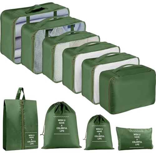 Resväska arrangör set, 10 stycken packningskuber för resväska resetillbehör bagageorganisatör set klädväskor packkub kosmetika researrangör packväskor för resväskor-olivgrön