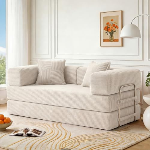 Vipbear Sofá Cama de Premium Pana, 160cm Modular y Versátil 5 en 1 con Alta Densidad Espuma Viscoelástica Sofá Cama 2 Plazas para Salón, Blanco