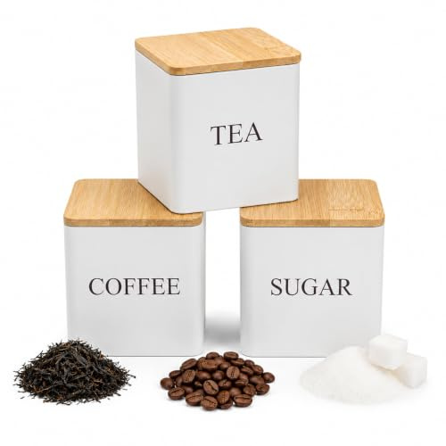 Lafefe 3 Pcs Tea Coffee Sugar Canisters Set with Airtight Bamboo Lids – Scandi Style Square Steel Kitchen Storage Jars – Elegant Food Containers for Minimalist Pantry(Matte White)