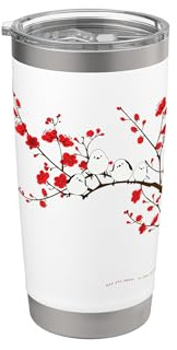 Cimaenaga | ciruela, flor de ciruela, flor de ciruela, floración completa, hermoso paisaje de Japón, pájaro blanco en Hokkaido Vaso térmico de acero inoxidable de doble pared