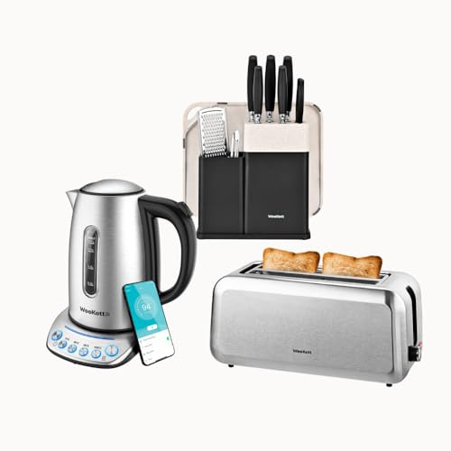 Kitchen Knife Set, 4-Slice Toaster & Smart Kettle Bundle – Stainless Steel Cookware Set with Voice Control, Wide Slots & Knife Block – Home Kitchen Gift Set