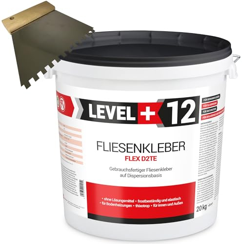 Level Plus RM12 - Adhesivo para azulejos (12 unidades, 20 kg, espátula dentada, 6 mm, acero inoxidable, adhesivo flexible de dispersión, color blanco)