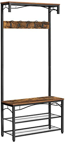 VASAGLE Garderobenständer, Eingangsmöbel, mit oberem Brett, Schuhregal, Bank und 5 Doppelhaken, Metallrahmen, 80 x 32 x 178,5 cm, Industriestil, rustikales Braun und Schwarz HSR45BX
