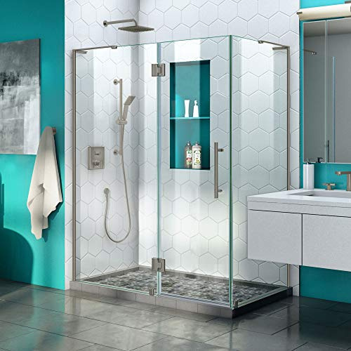 DreamLine Quatra Plus 32 in. D x 46 in. W x 72 in. H Frameless Hinged Shower Enclosure in Brushed Nickel, SHEN-1432460-04