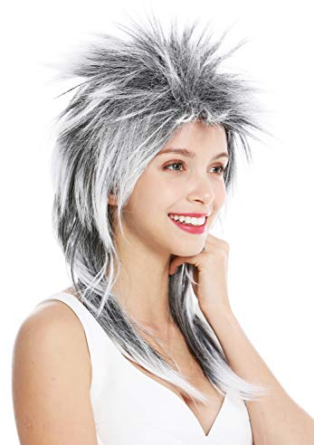 WIG ME UP - DH1069-P103TP60 Perruque Carnaval Punk mulet Biker Sauvage années 80 Wave crêpée Longue Noire Blanche