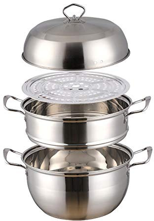 SUNSENGEUR 3 Tier Premium Heavy Duty Stainless Steel Steamer Pot Set Includes 2 Tier Cooking Pot, 1 Steaming Septa and Pot Lid | Stack, Steam Pot Set for All Cooking Surfaces -Sliver